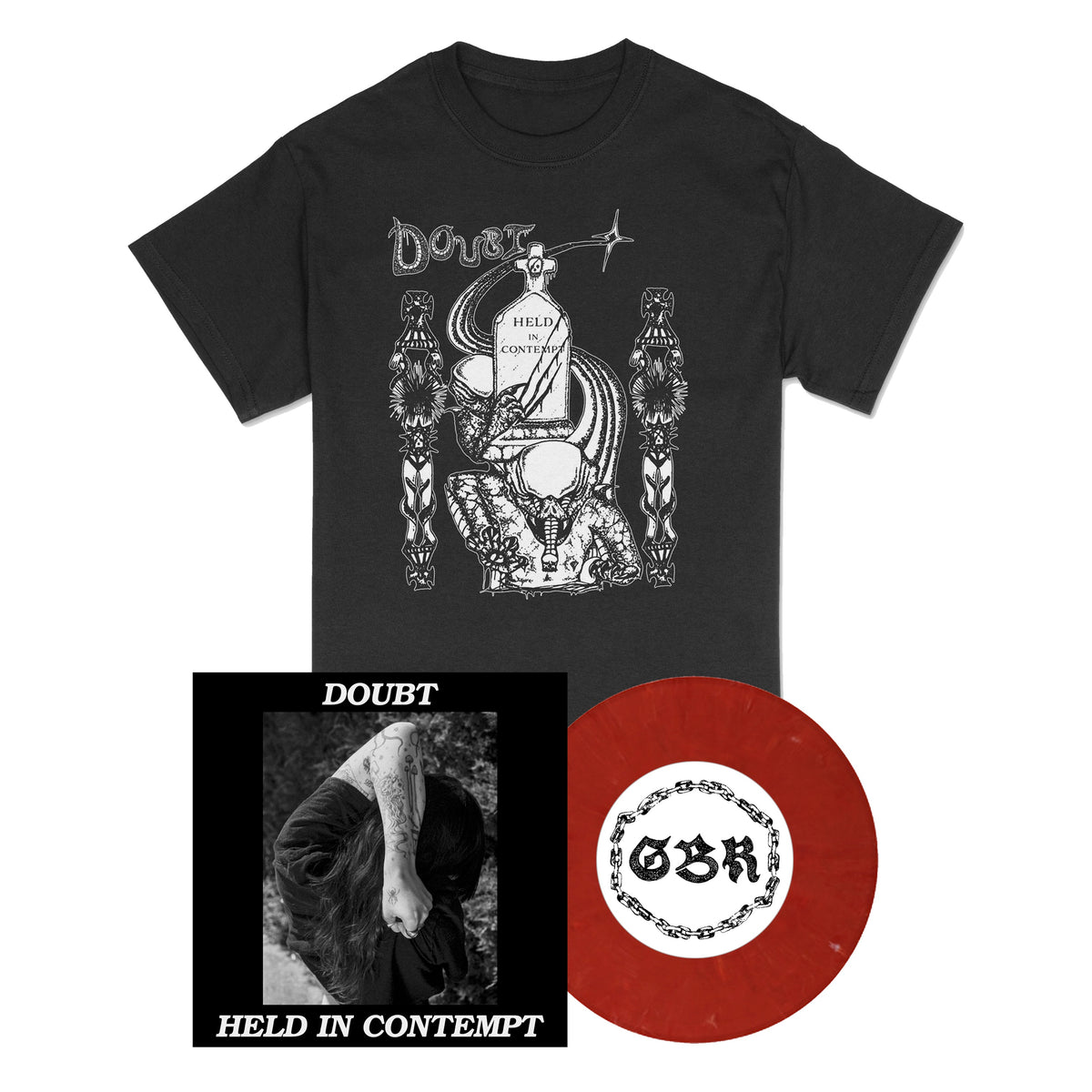 Doubt 'Held In Contempt' Eco Cherry 7" + Shirt Bundle