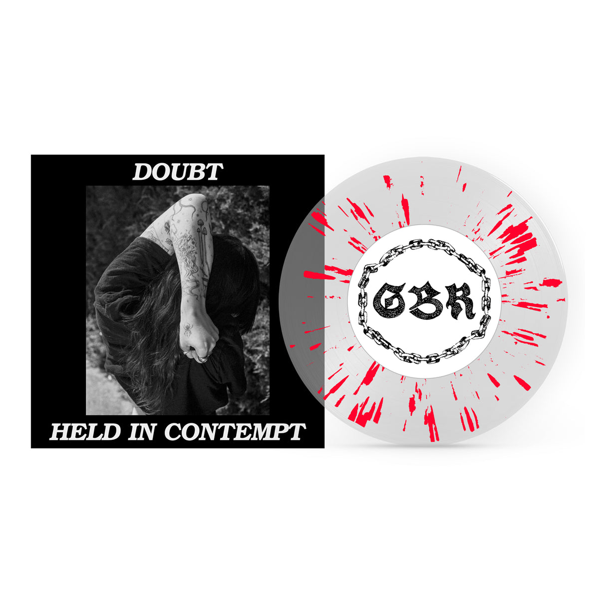 Doubt &#39;Held In Contempt&#39; Clear &amp; Apple Red Splatter 7&quot; + Shirt Bundle