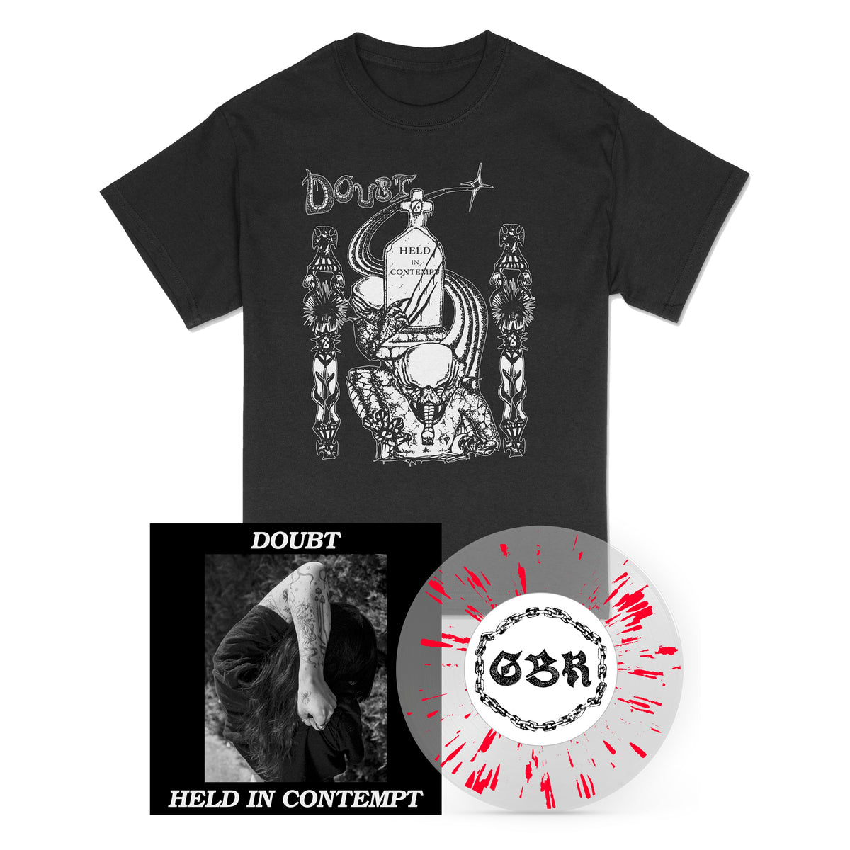 Doubt &#39;Held In Contempt&#39; Clear &amp; Apple Red Splatter 7&quot; + Shirt Bundle